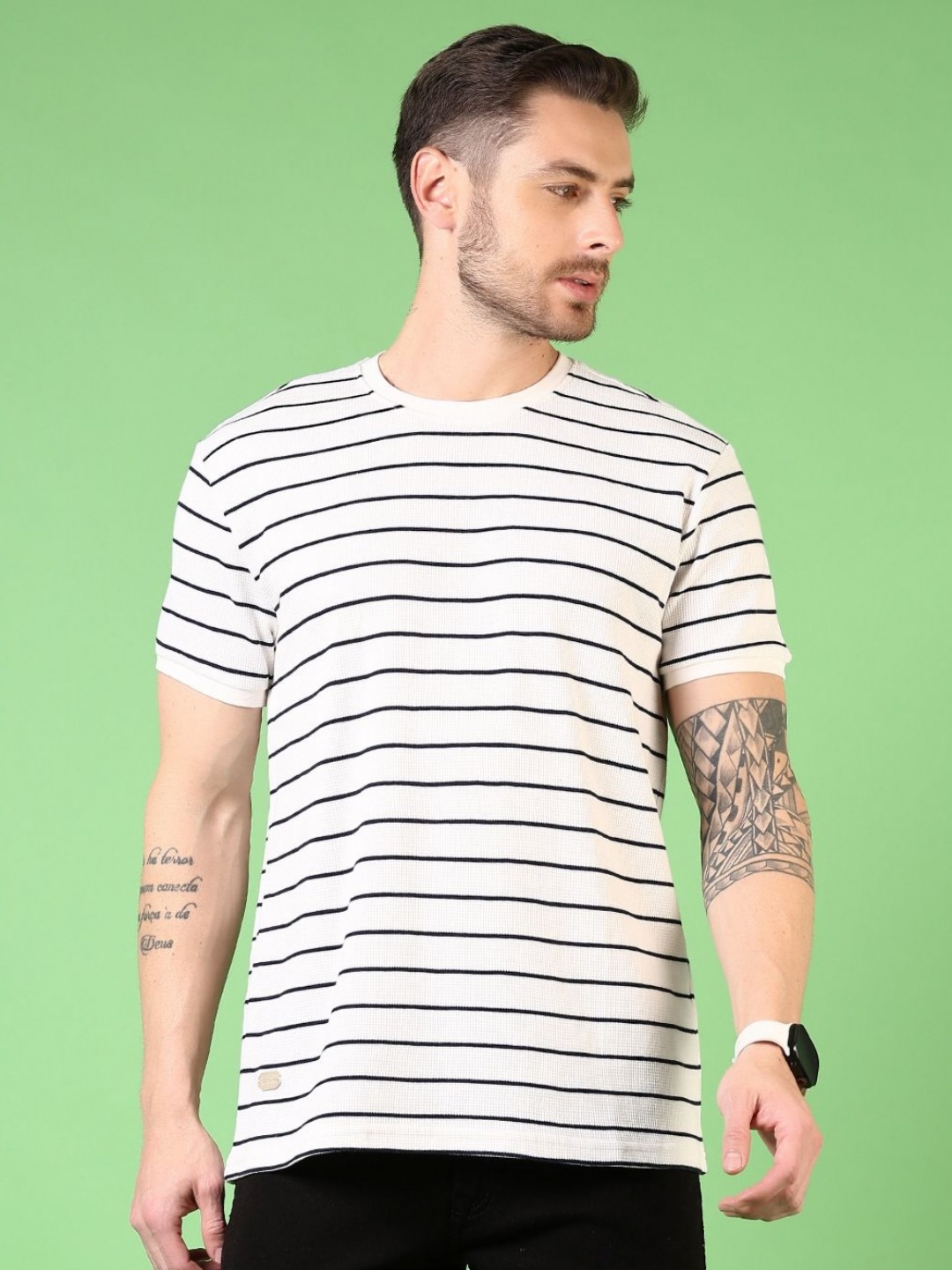 

V-Mart Men Striped Round Neck Cotton T-shirt, Navy blue