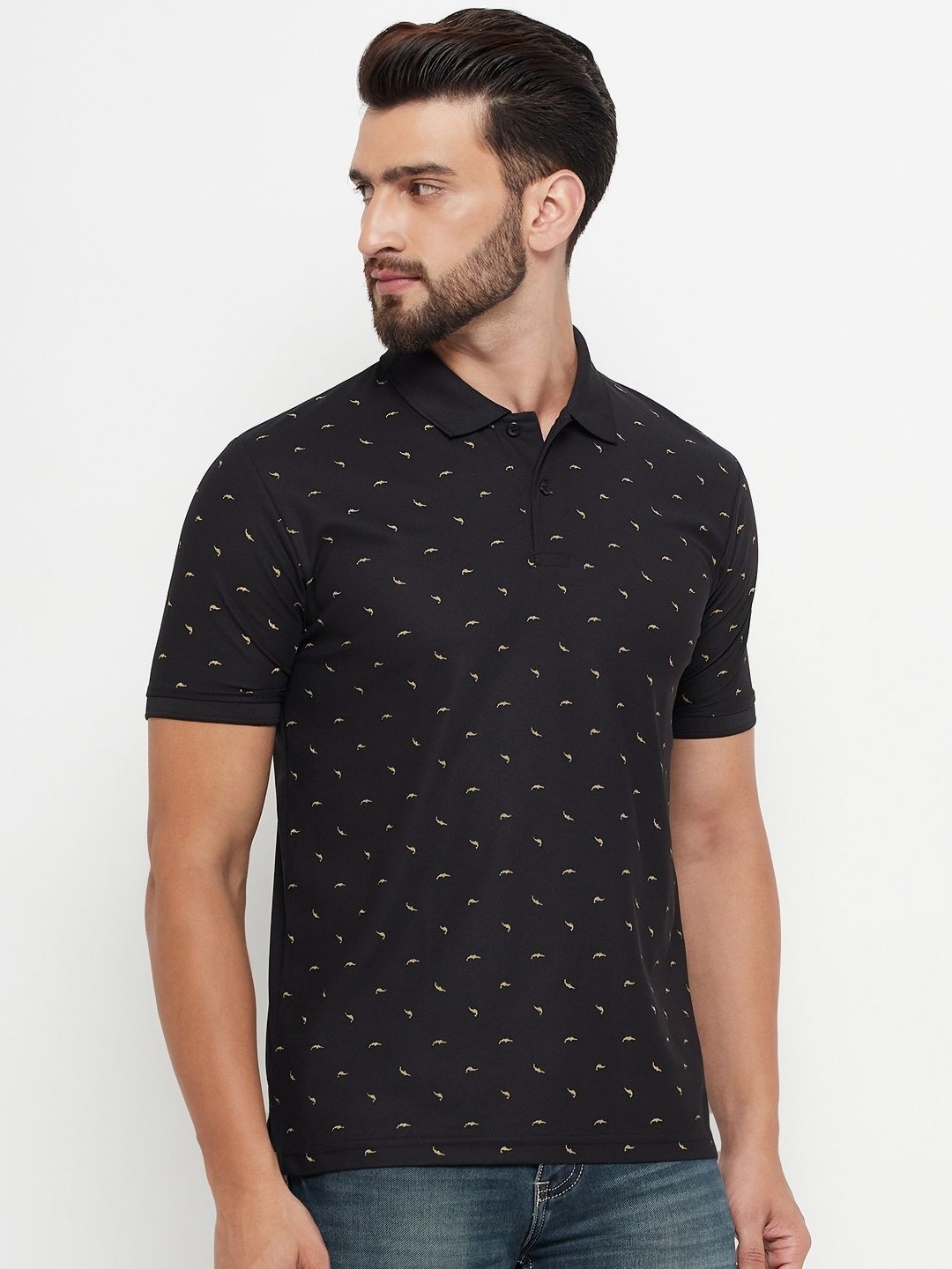 

RENUOVO Men Graphic Printed Polo Collar Cotton T-shirt, Black