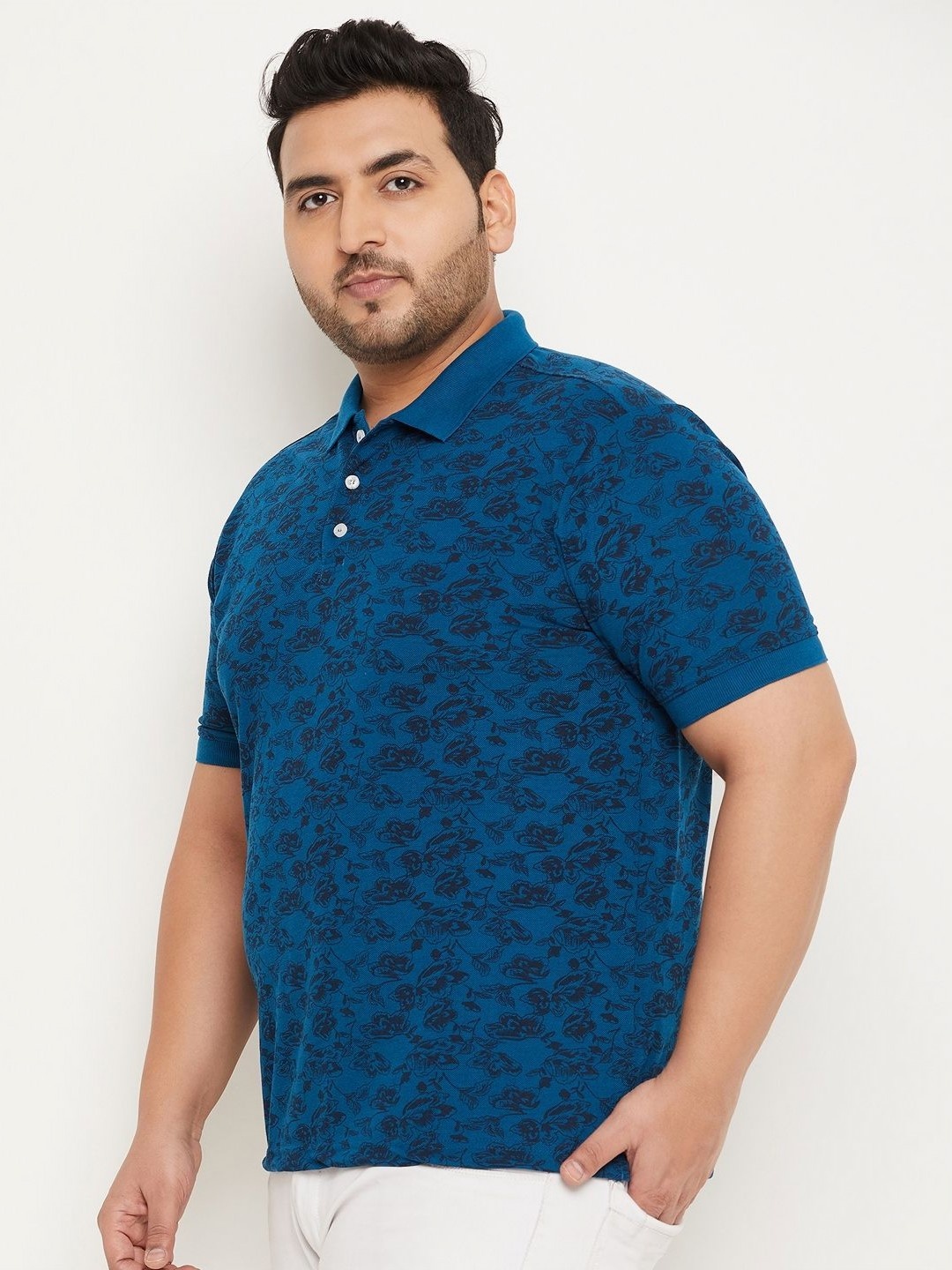 

RELANE Men Plus Size Floral Printed Polo Collar Cotton T-shirt, Blue