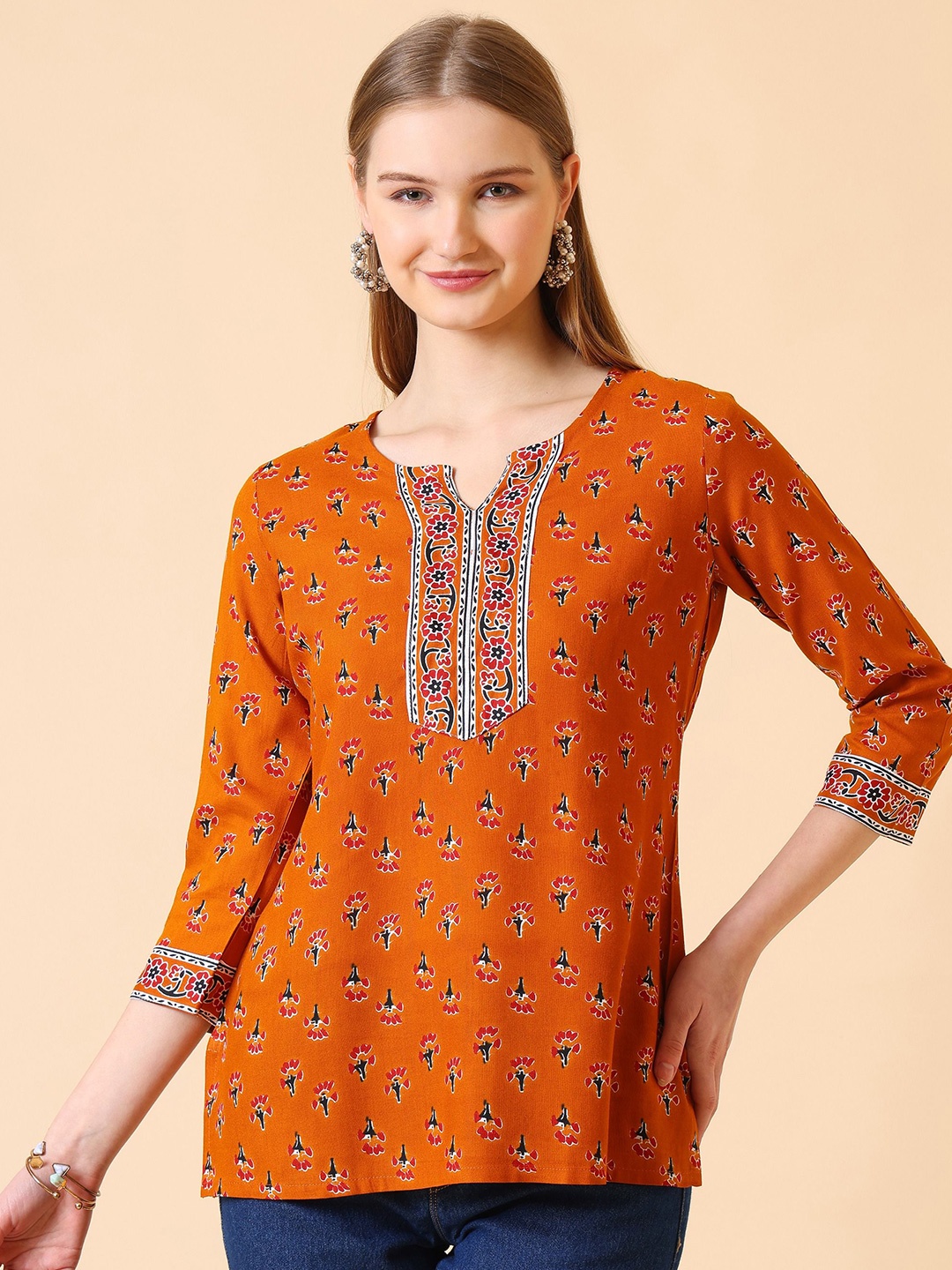 

SANGOURI Ethnic Motifs Printed Kurti, Orange