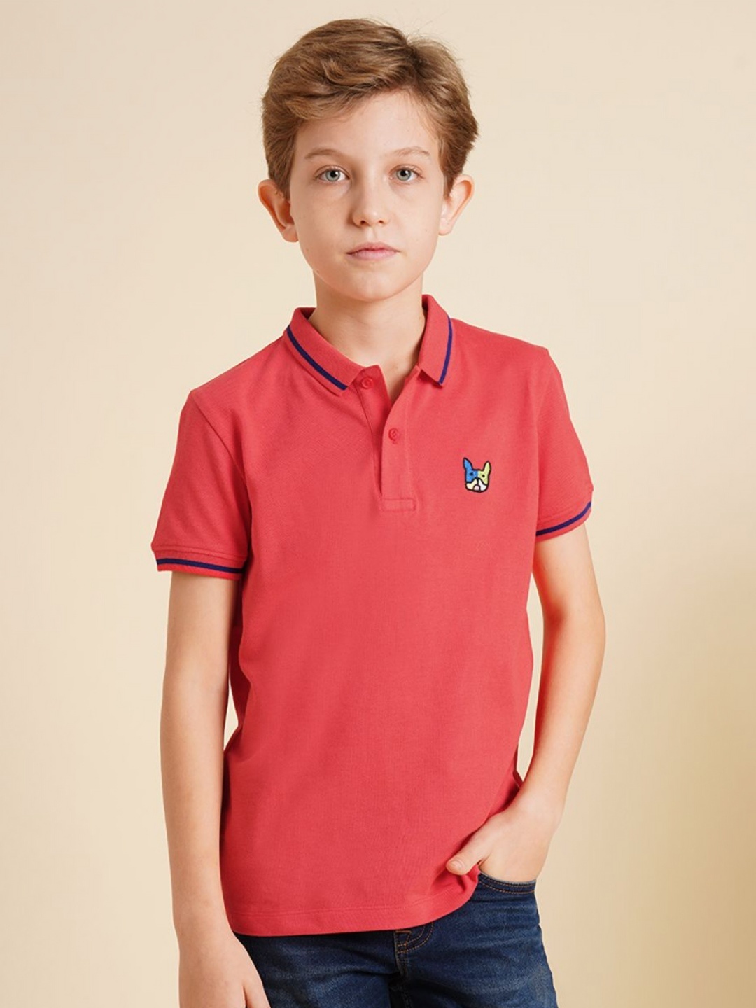 

Jack & Jones Junior Boys Solid Polo Collar Cotton T-shirt, Red