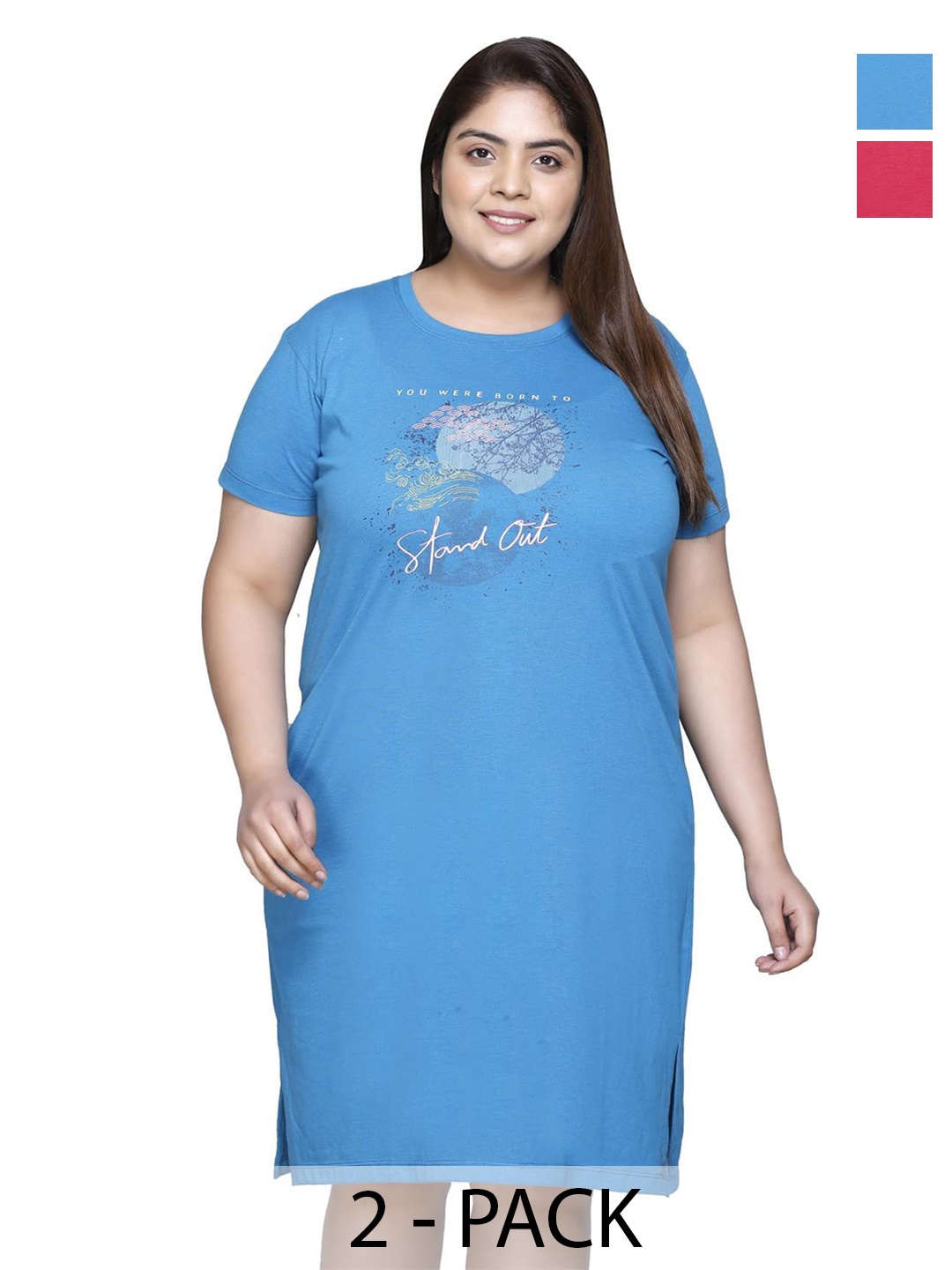 

IN Love Pack of 2 Women Plus Size Graphic Printed T-shirt Nightdress, Blue