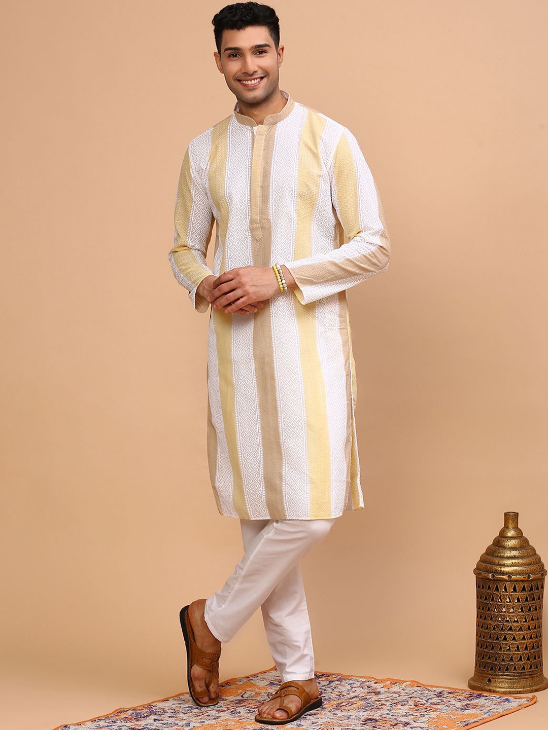 

CS EL Woven Design Mandarin Collar Cotton Jacquard Straight Kurta, Yellow