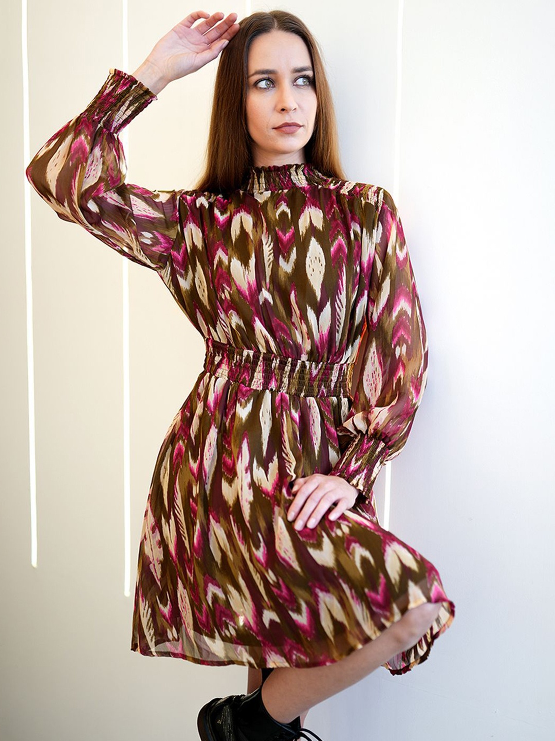 

ONLY Abstract Print A-Line Dress With Mock coller, Sea green
