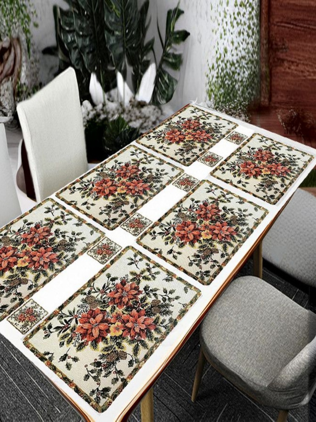 

REVEXO Beige 12 Pieces Floral Printed Rectangular Shaped Coasters & Table Placemats