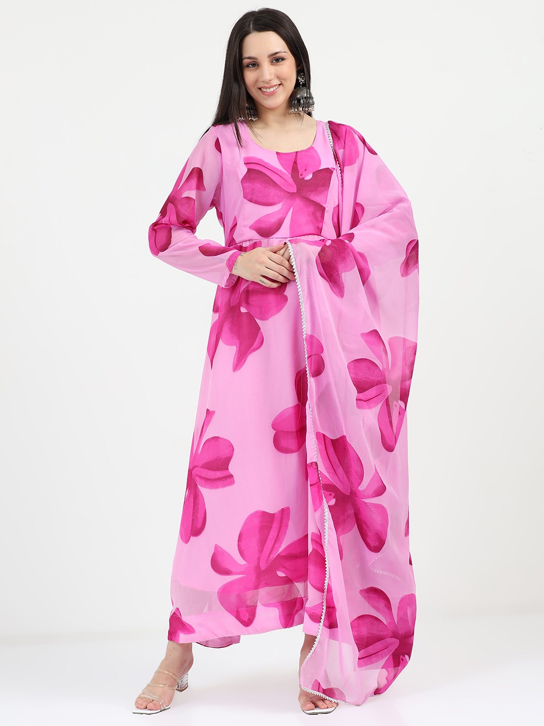 

Jash Creation Women Floral Printed Maxi Dress With Dupatta, Pink