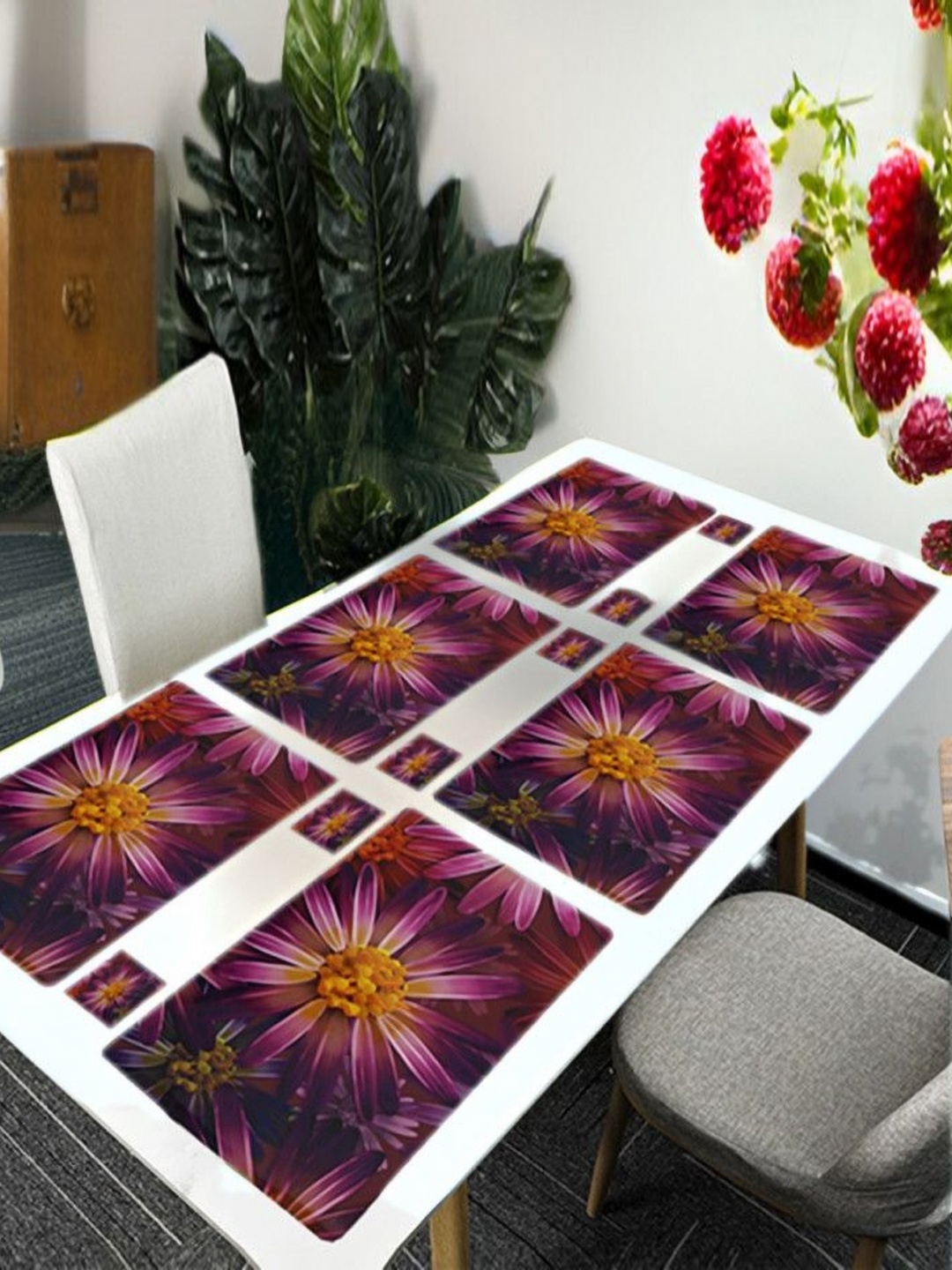 

REVEXO Purple & Red 12 Pcs Floral Printed Rectangular Shaped Coasters & Table Placemats