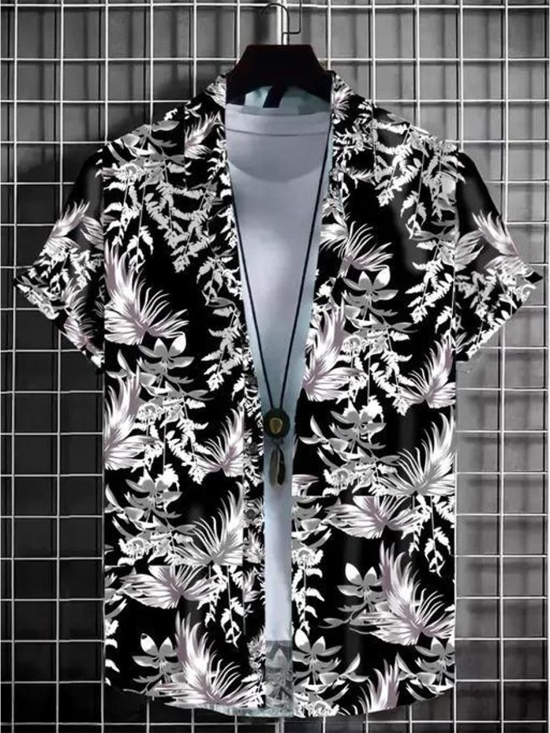 

iCome Men Floral Printed Spread Collar Cotton Linen Casual Shirt, Black