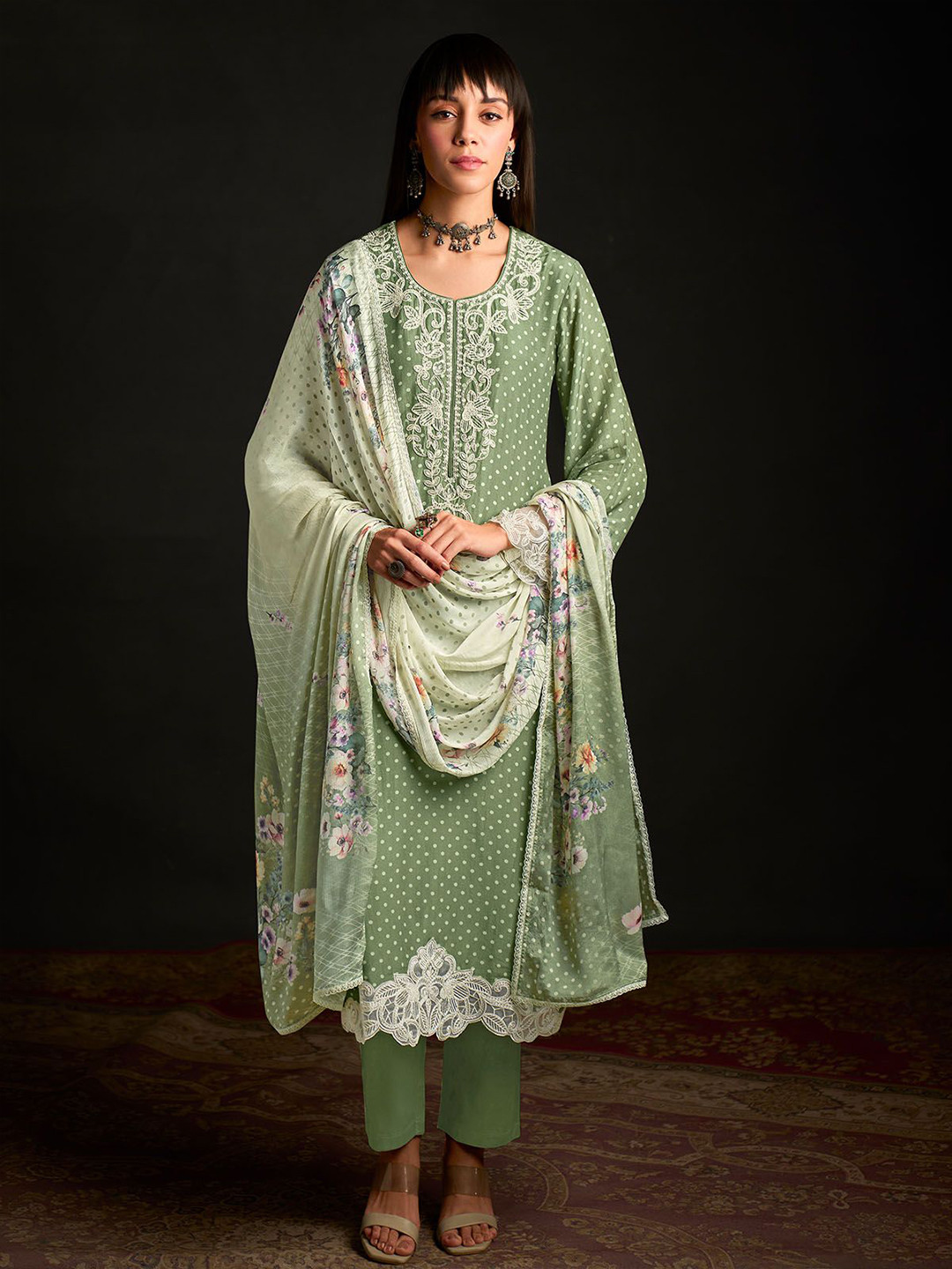 

ODETTE Floral Embroidered Round Neck Semi-Stitched Dress Material, Green
