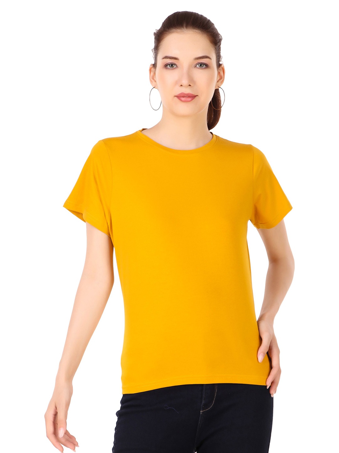 

STYLESO Women Solid Round Neck Cotton Slim Fit T-shirt, Mustard