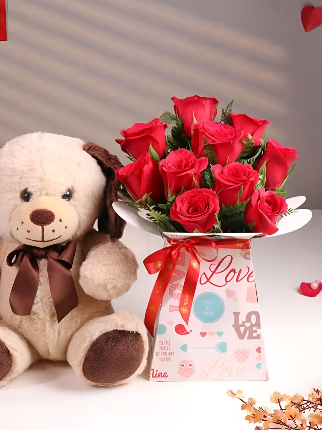 

Floweraura 10-Roses Fresh Flowers Box With Cute Dog Teddy, Red