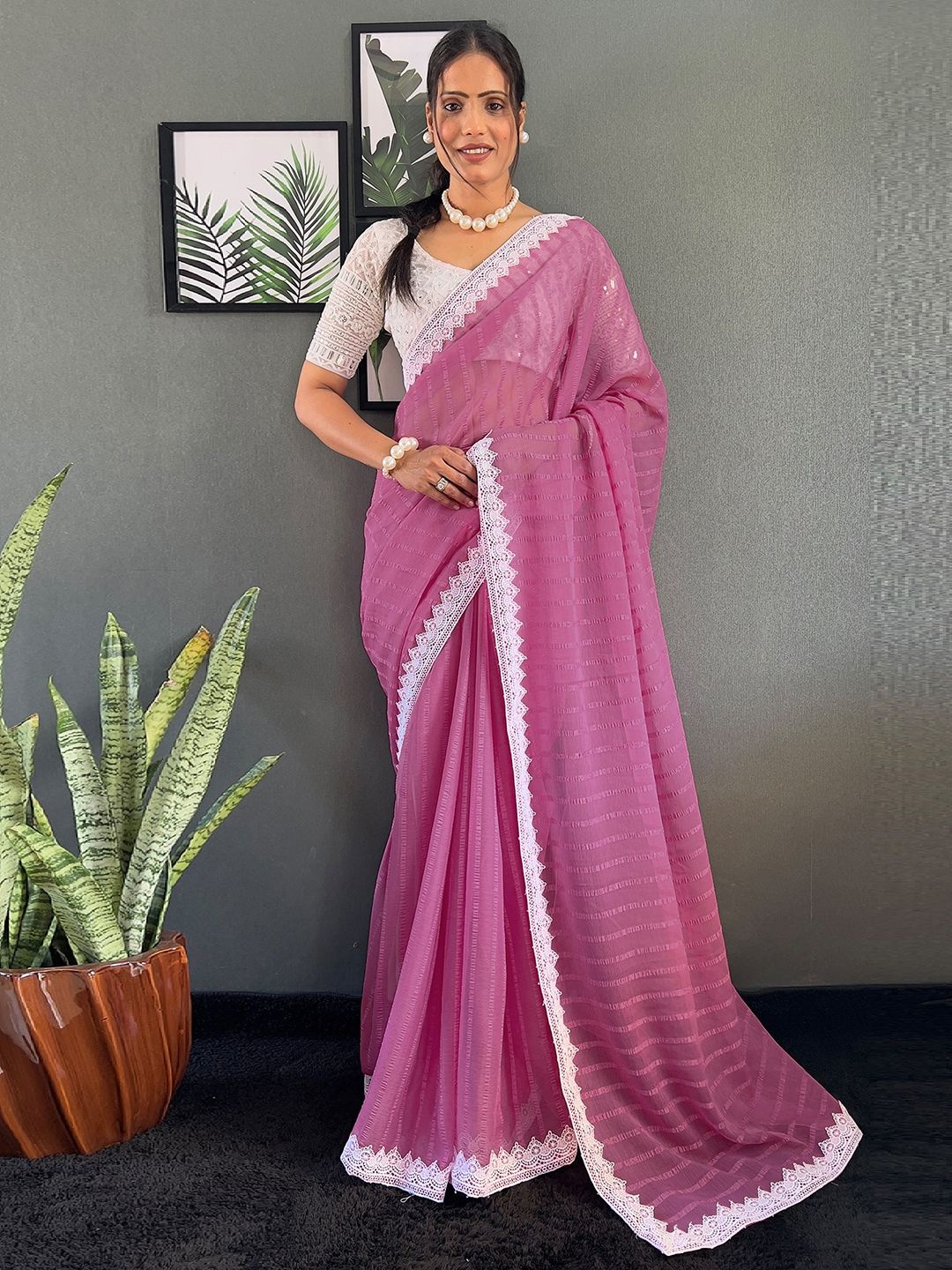 

Mitera Striped Sequinned Pure Chiffon Saree, Pink