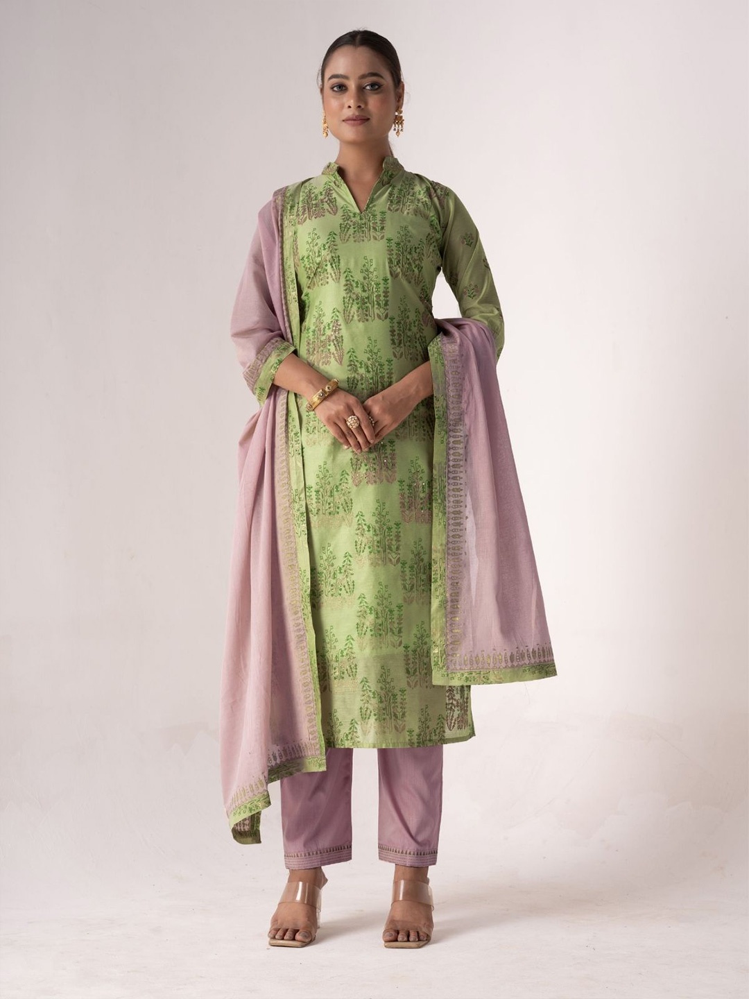 

ODETTE Ethnic Motifs Printed Art Silk Semi-Stitched Dress Material, Green