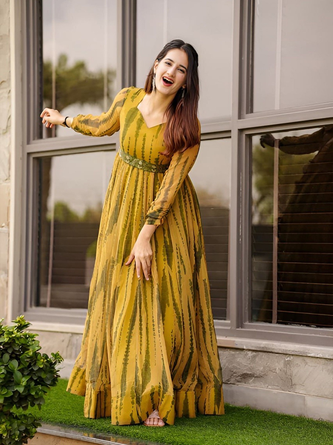 

Jash Creation Women Printed Maxi Dress Comes with a belt, Yellow