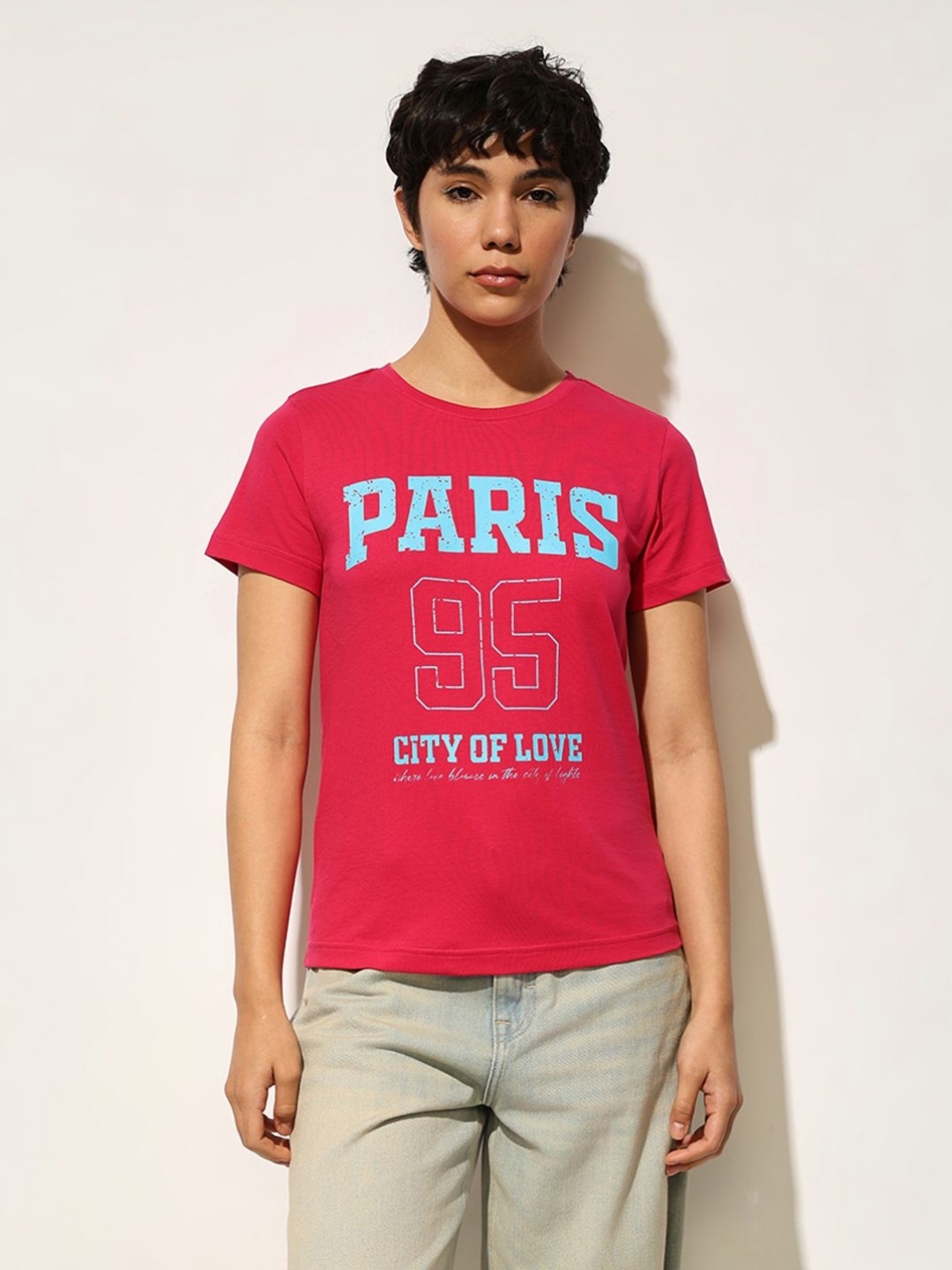 

ONLY Women Typography Printed Round Neck Cotton T-shirt, Fuchsia