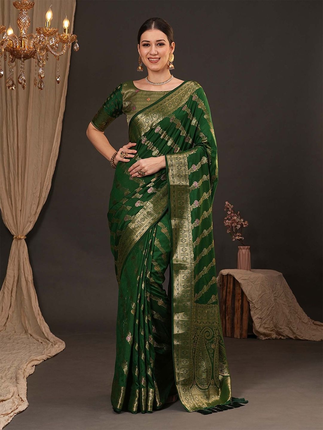 

Anouk Woven Design Zari Silk Blend Banarasi Saree, Green