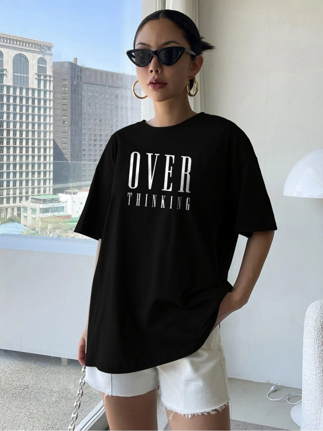

TOGS & TERRE Women Typography Printed Round Neck Cotton Oversized T-shirt, Black