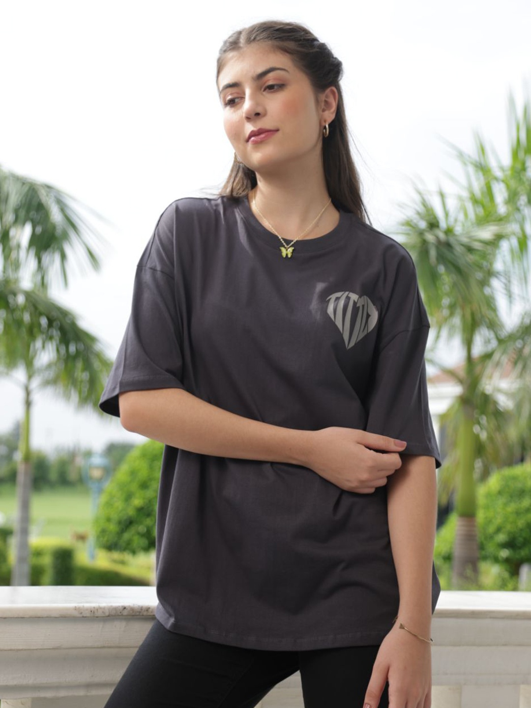

TITTLI Women Typography Printed Round Neck Cotton Oversized T-shirt, Grey