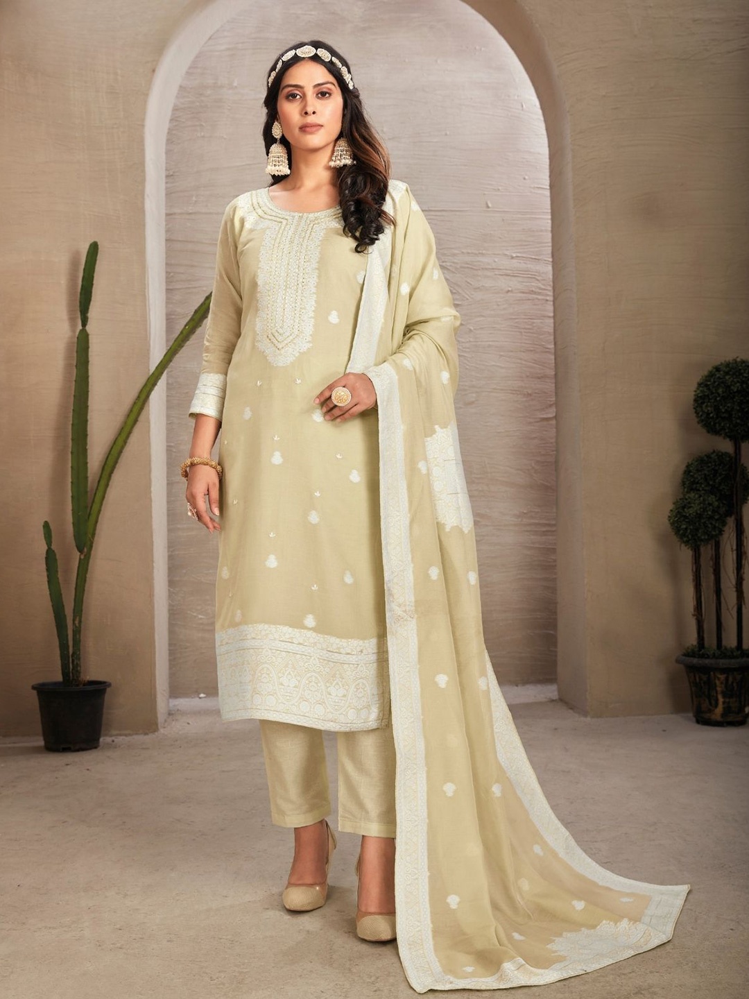 

ODETTE Ethnic Motifs Embroidered Zari Organza Semi-Stitched Dress Material, Beige