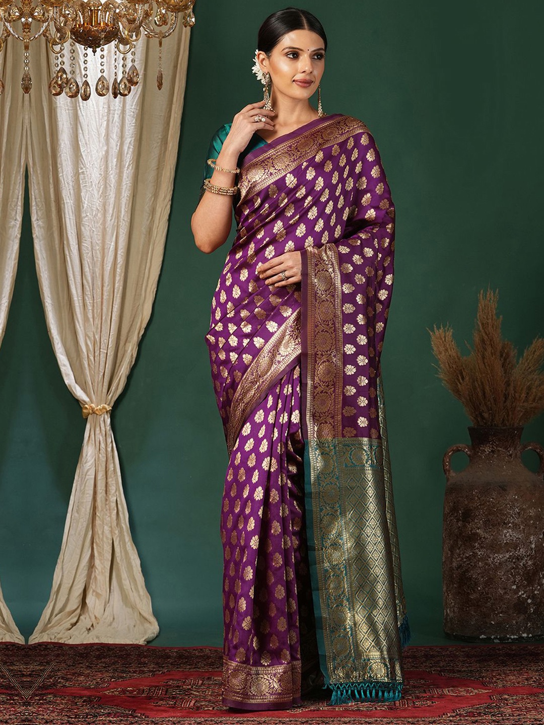 

KALINI Woven Design Zari Silk Blend Banarasi Saree, Purple