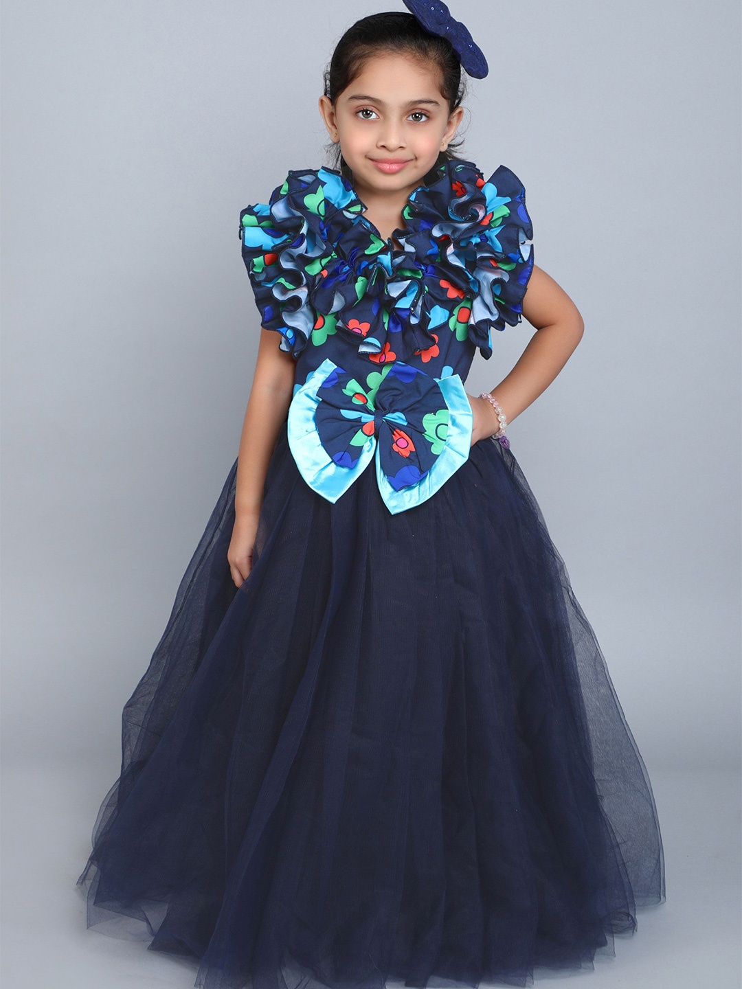 

Pink Chick Girls Floral Print Flutter Sleeve Ruffled Maxi Dress, Navy blue