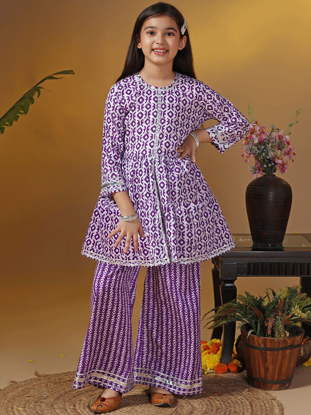 

Sangria Girls Pink Geometric Printed Round Neck Cotton Anarkali Kurta With Palazzos, Purple