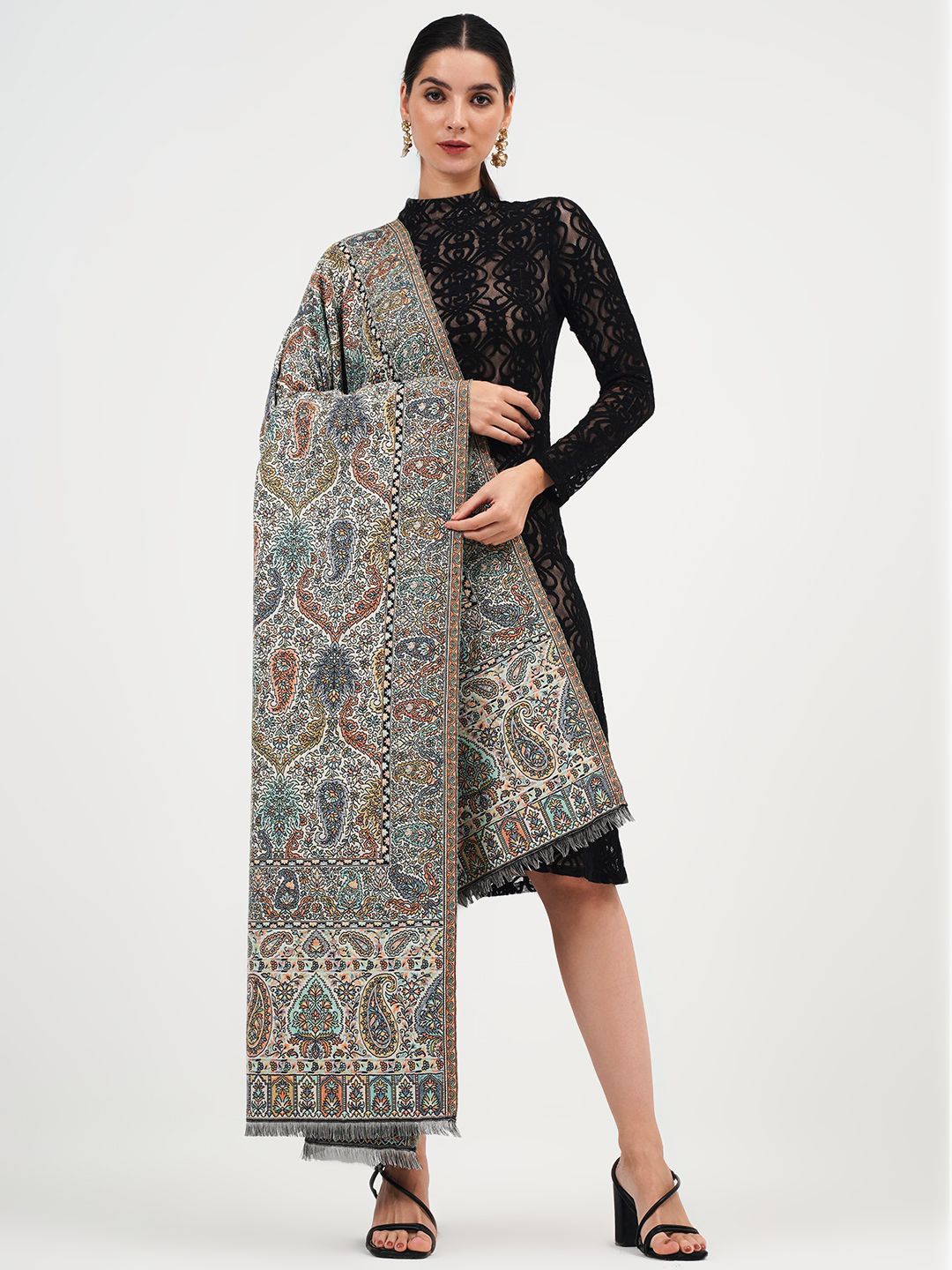 

PASHMAL INDIA PRIVATE LIMITED Floral Woven Design Woolen Shawl, Blue