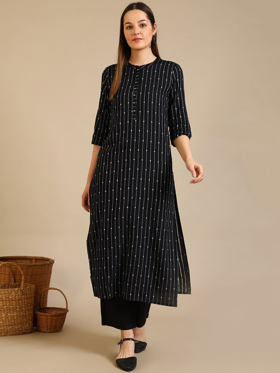 

AURELIA Striped Yarn Dyed Band Collar Kurta, Black