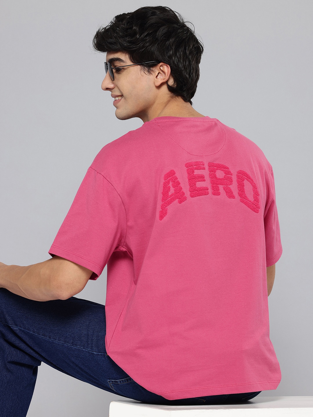 

Aeropostale Men Brand Logo Printed Drop-Shoulder Sleeves Pure Cotton T-shirt, Pink