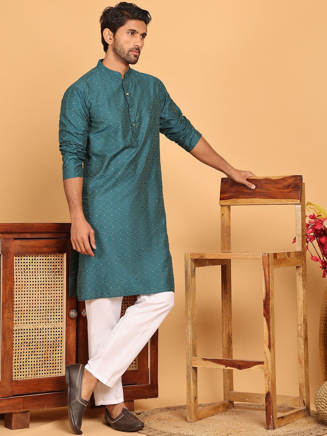 

Anouk Teal Blue Woven Design Mandarin Collar Straight Kurta With Pyjamas