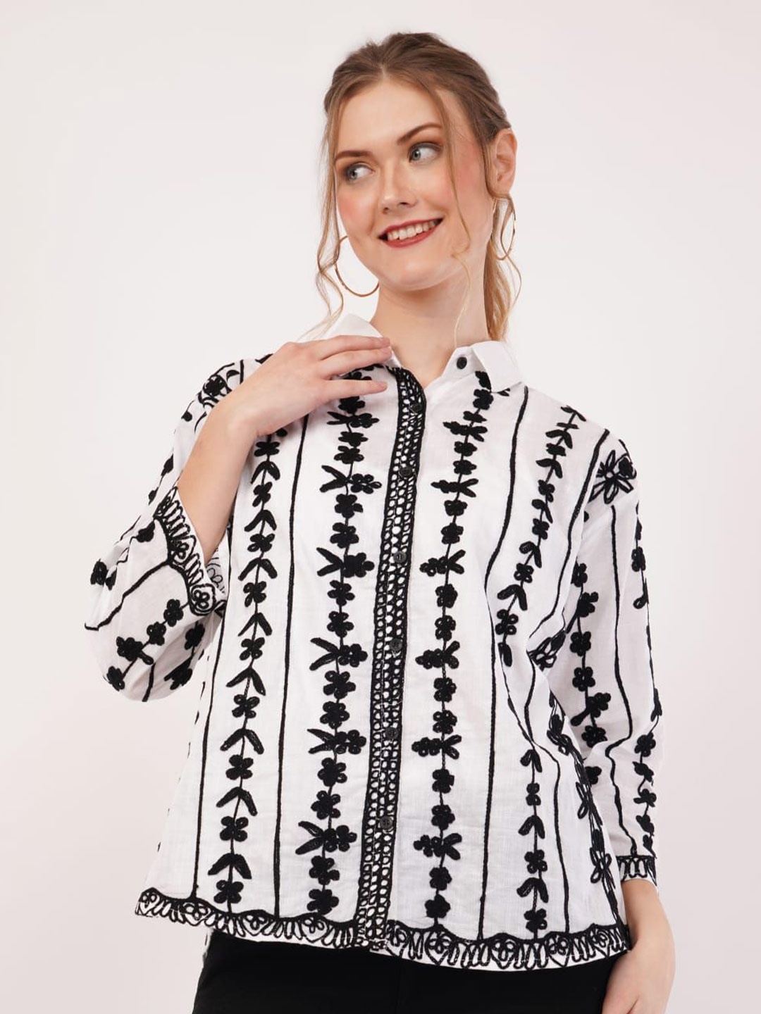 

HIGH BUY Women Comfort Relaxed Fit Spread Collar Floral Printed Cotton Casual Shirt, White