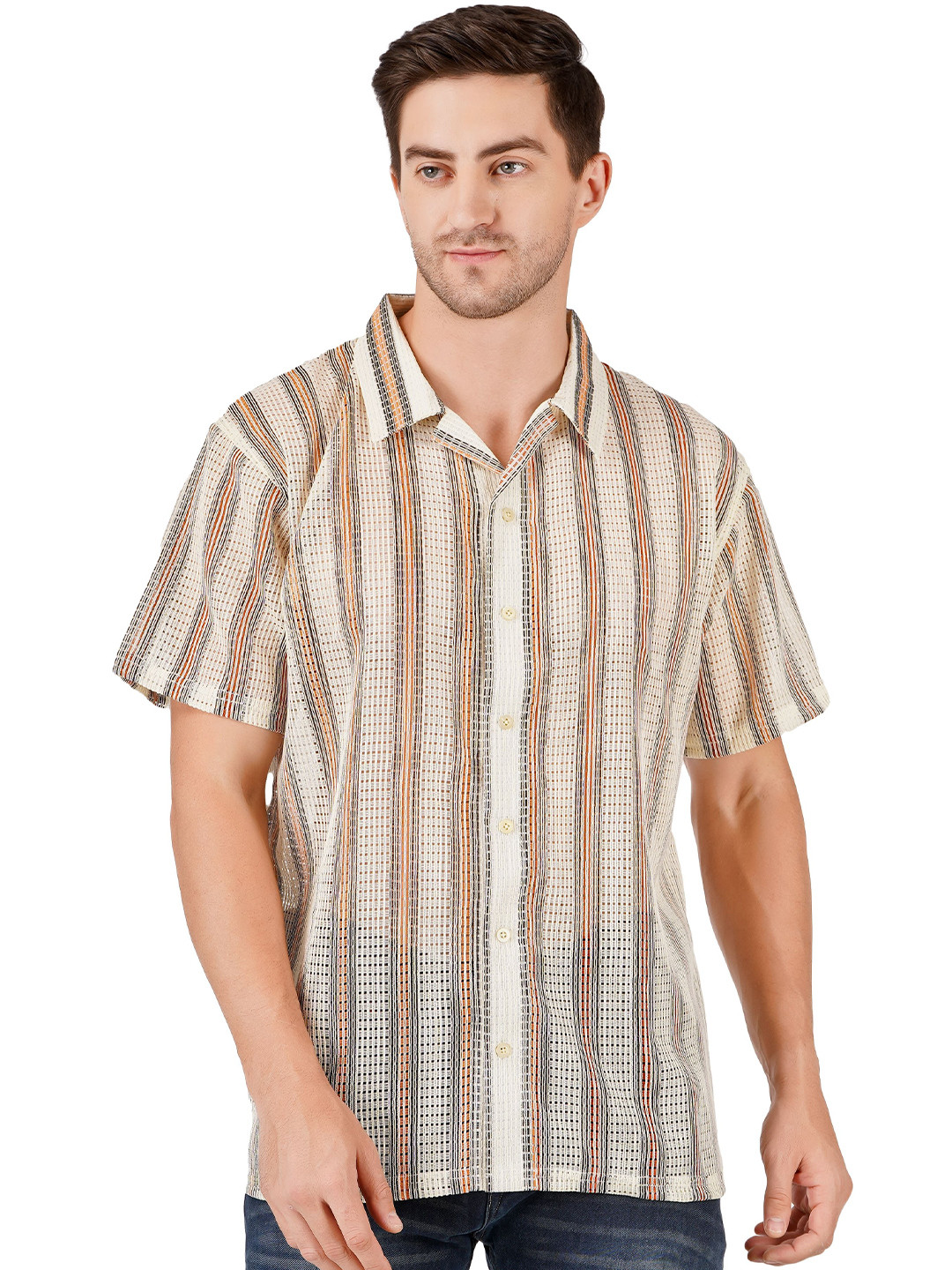 

MIMID Men New Relaxed Fit Cuban Collar Textured Cotton Casual Shirt, Beige