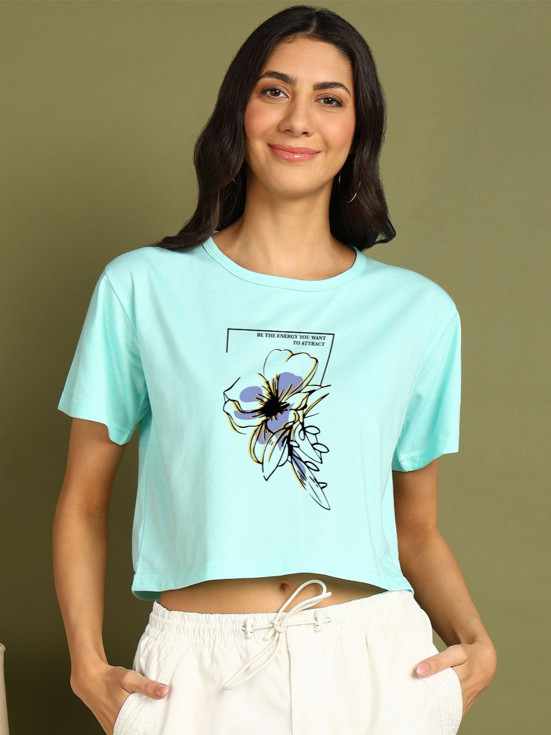 

CHOZI Women Bio Finish Floral Printed Round Neck Cotton Boxy T-shirt, Turquoise blue