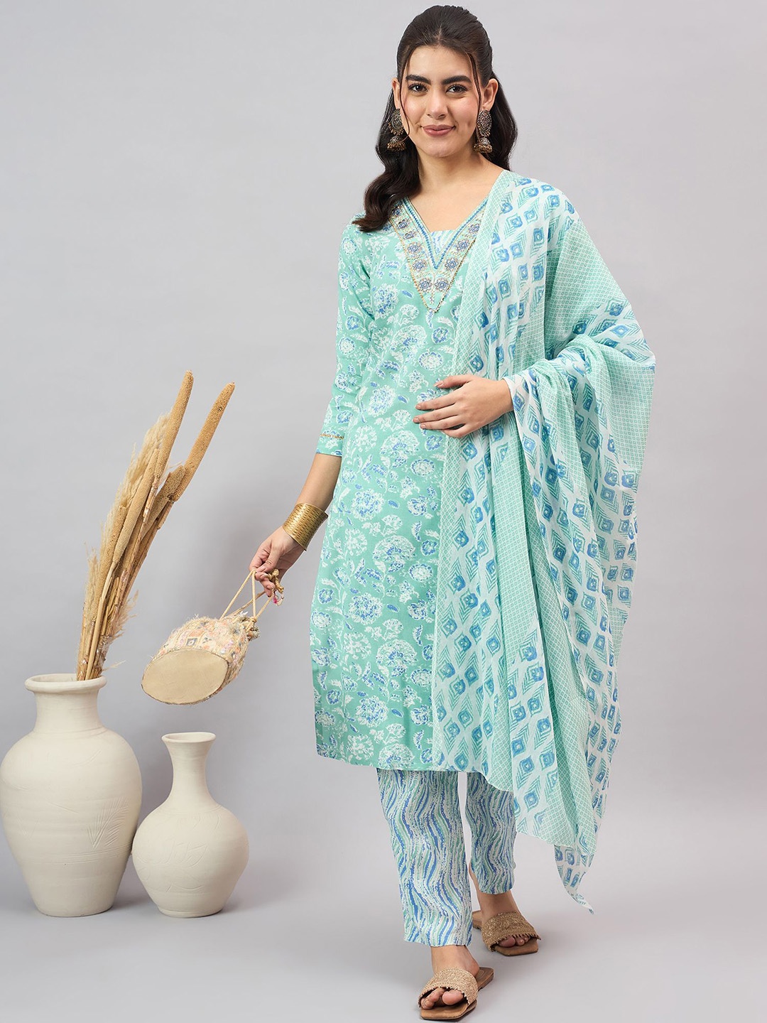 

Anouk Women Ethnic Motifs Printed Regular Pure Cotton Kurta with Trousers & With Dupatta, Sea green