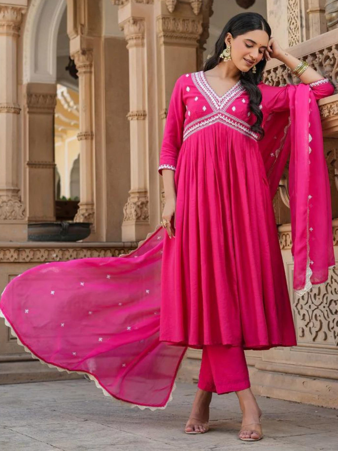 

KALINI Embroidered V Neck Empire A Line Chanderi Silk Kurta With Trousers & Dupatta, Pink