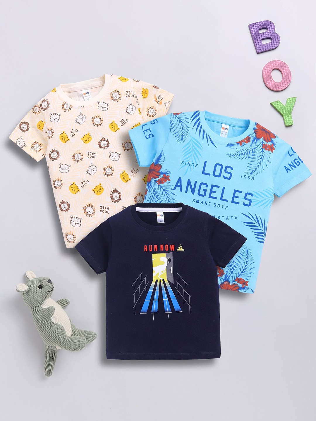 

LITTLE NINJA Boys Pack Of 3 Graphic Printed Round Neck Cotton T-shirts, Navy blue