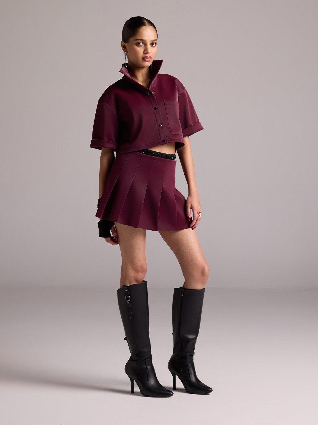 

The Dapper Lady Women Spread Collar Solid Leather Casual Shirt, Burgundy