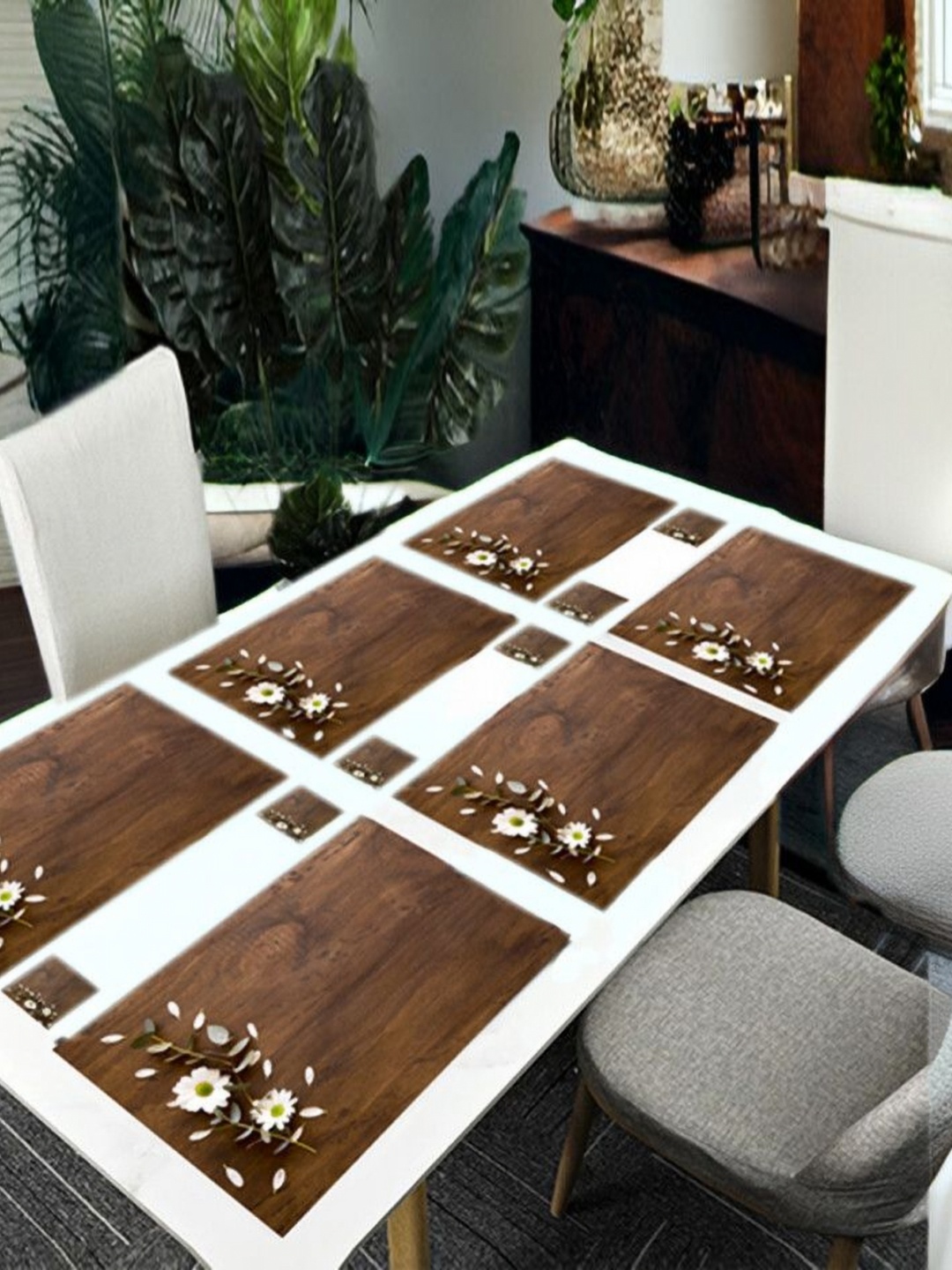 

REVEXO Brown & White 12 Pieces Printed Table Placemats & Coasters