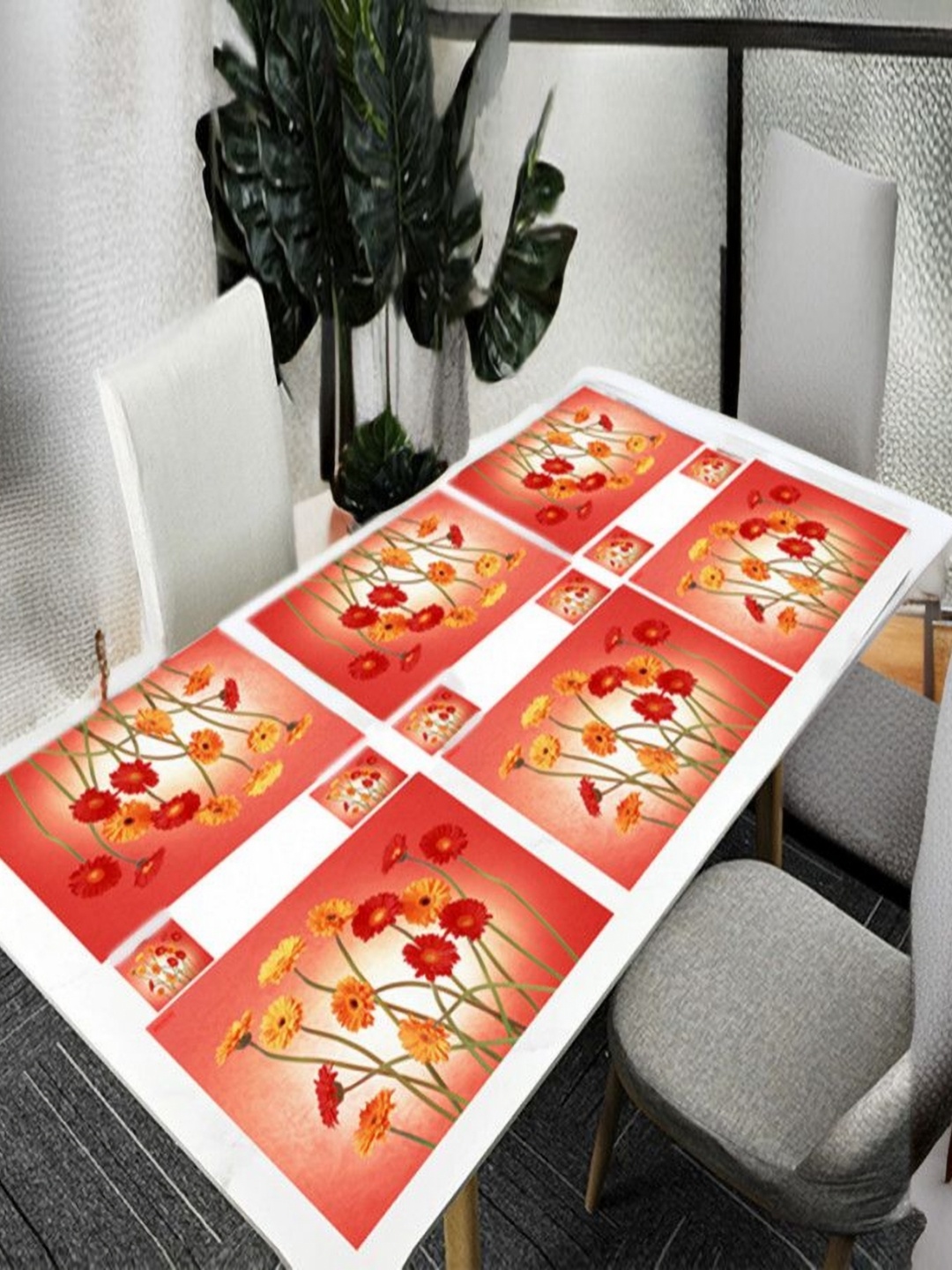 

REVEXO Red & Orange 12 Pieces Floral Printed Rectangular Shaped Coasters & Table Placemats