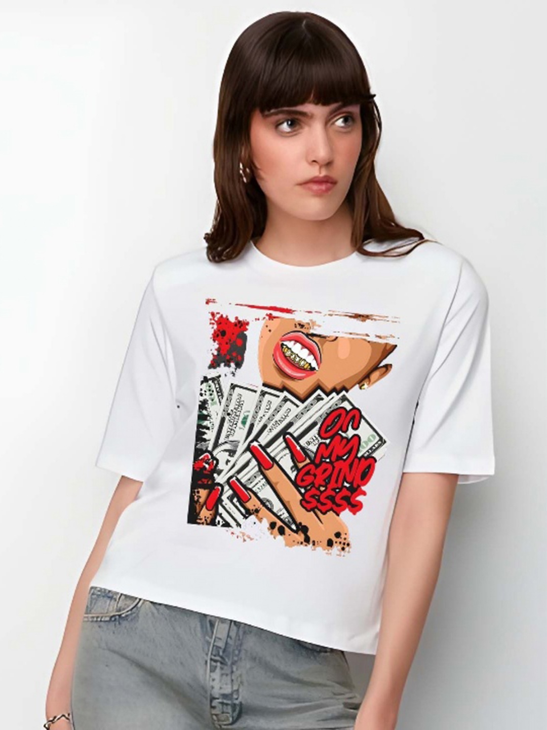 

SZN Women Typography Printed Round Neck Cotton Boxy Fit T-shirt, White