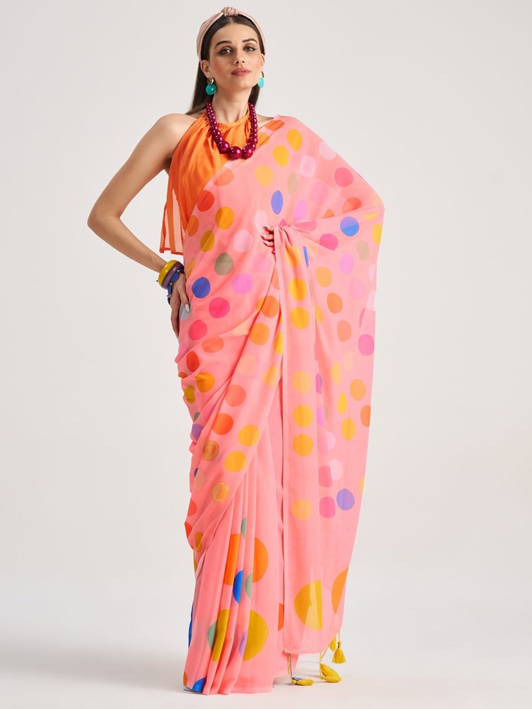 

Suha Polka Dot Pure Georgette Saree, Peach
