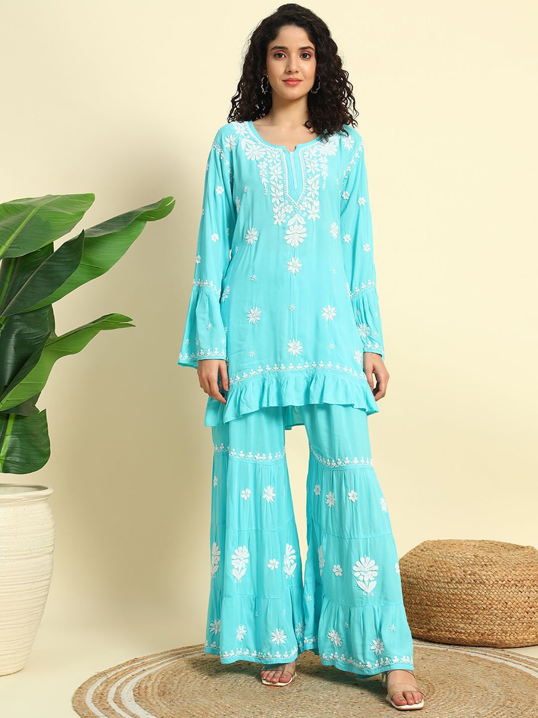 

Fashionable Floral Embroidered Chikankari Work Notch Neck Straight Kurta & Sharara, Teal