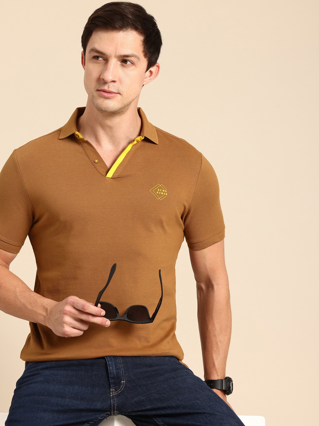 

Being Human Polo Collar Pure Cotton T-shirt, Brown