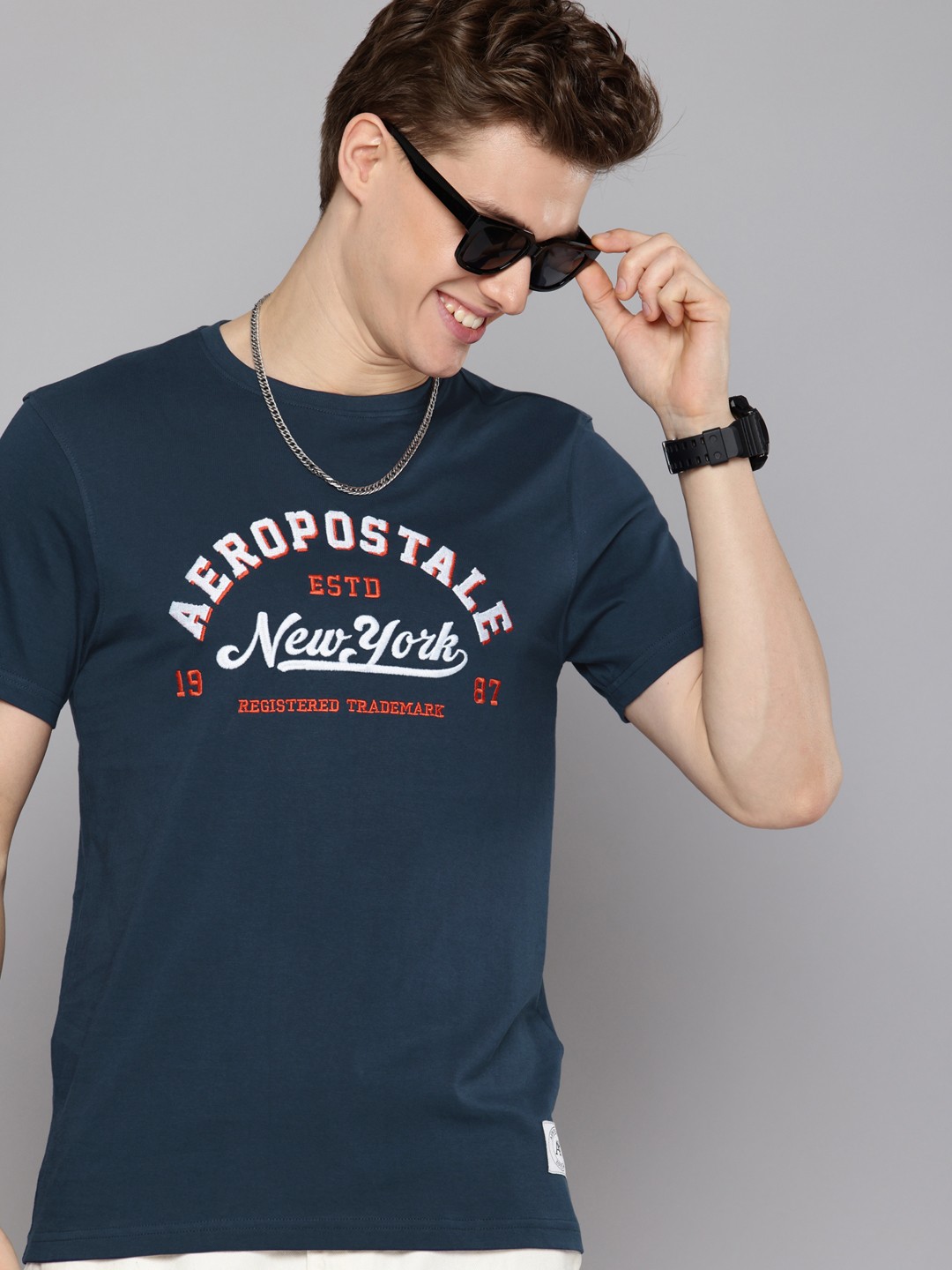 

Aeropostale Brand Logo Embroidered Pure Cotton T-shirt, Navy blue