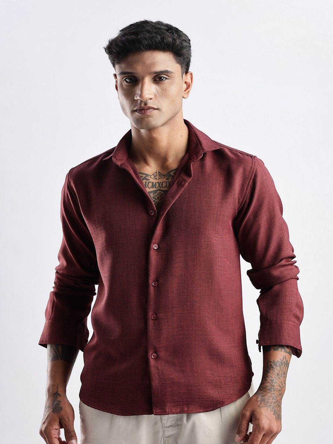 

NEVER NEUD Men Milange Linen Look Regular Slim Fit Casual Shirt, Maroon