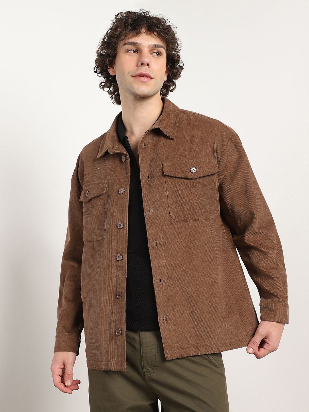 

NOBERO Self Design Textured Corduroy Casual Shacket, Brown