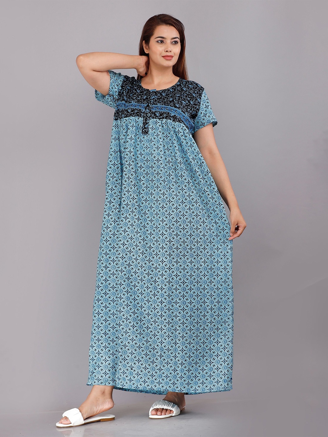 

PR PINK ROYAL Women Printed Maxi Pure Cotton Nightdress, Blue