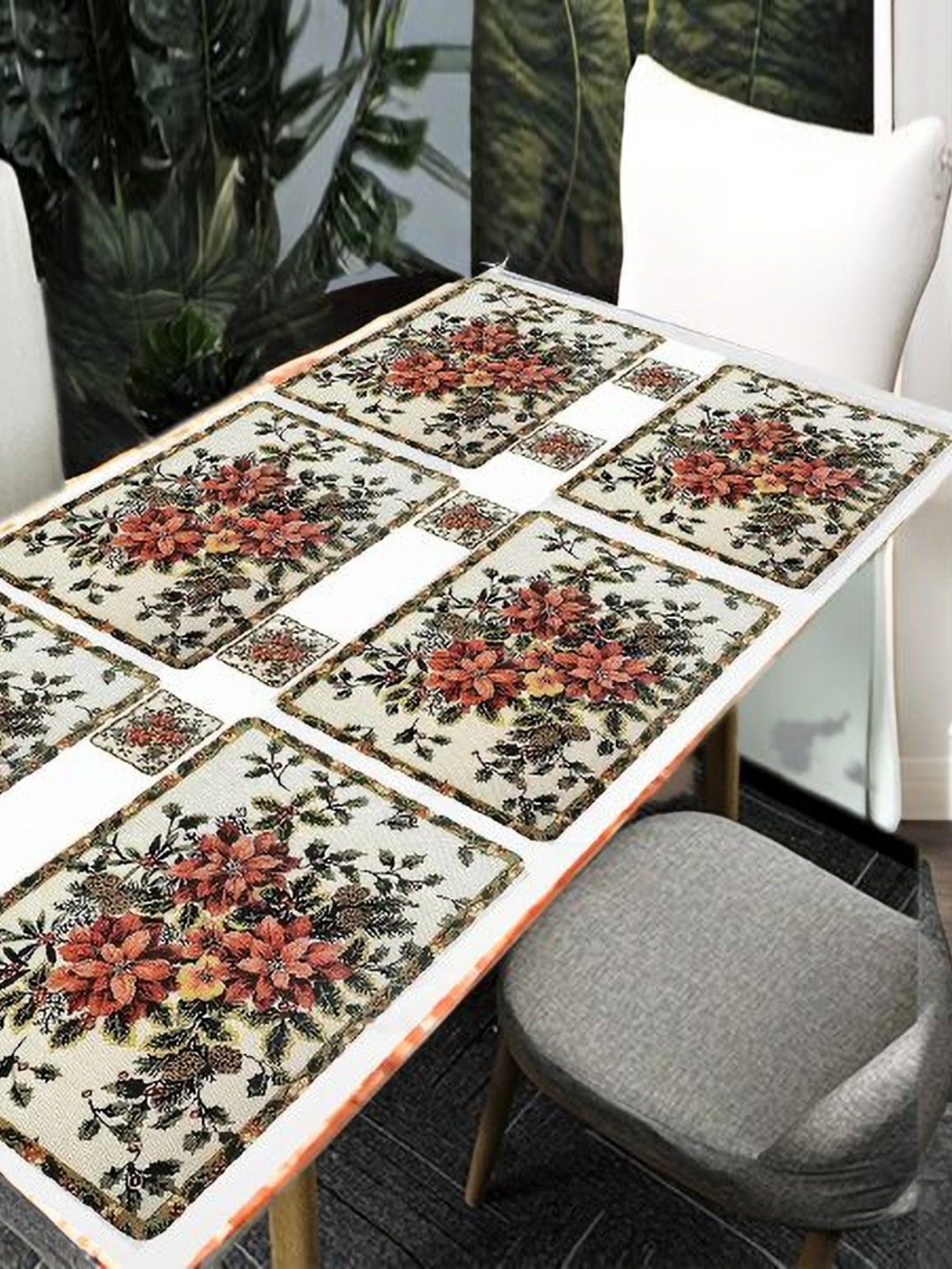 

REVEXO White & Orange 12 Pieces Floral Printed Table Placemats & Coasters