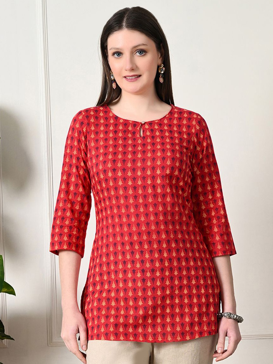 

KALINI Women Ethnic Motifs Printed Keyhole Neck Pure Cotton Kurti, Red