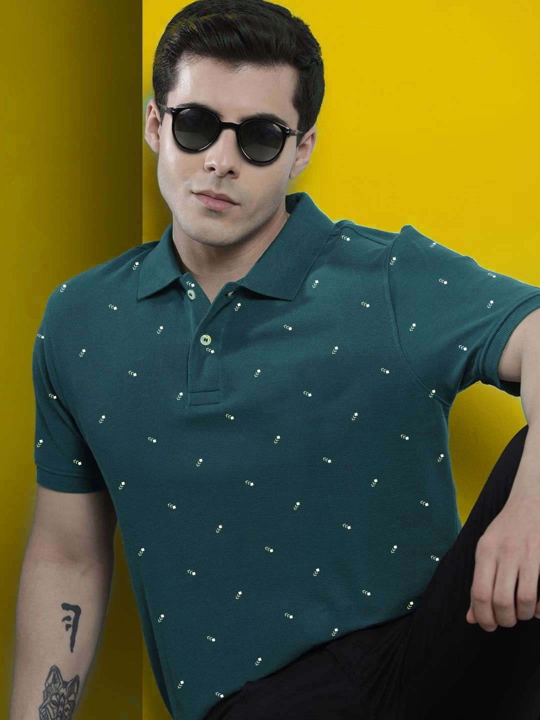

MERRIMENT Men Geometric Printed Polo Collar Cotton T-shirt, Teal